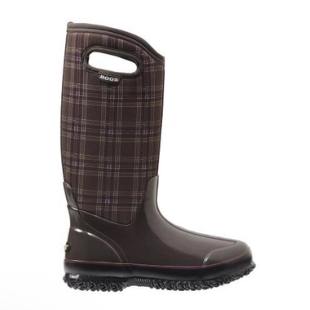 Bogs Dark Brown Plaid Boots with Pink Highlights, Like New, Sz 7